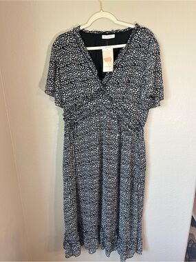 NWT Kirundo Black White Floral V Neck Smocked Midi Dress XL Boho Cottagecore